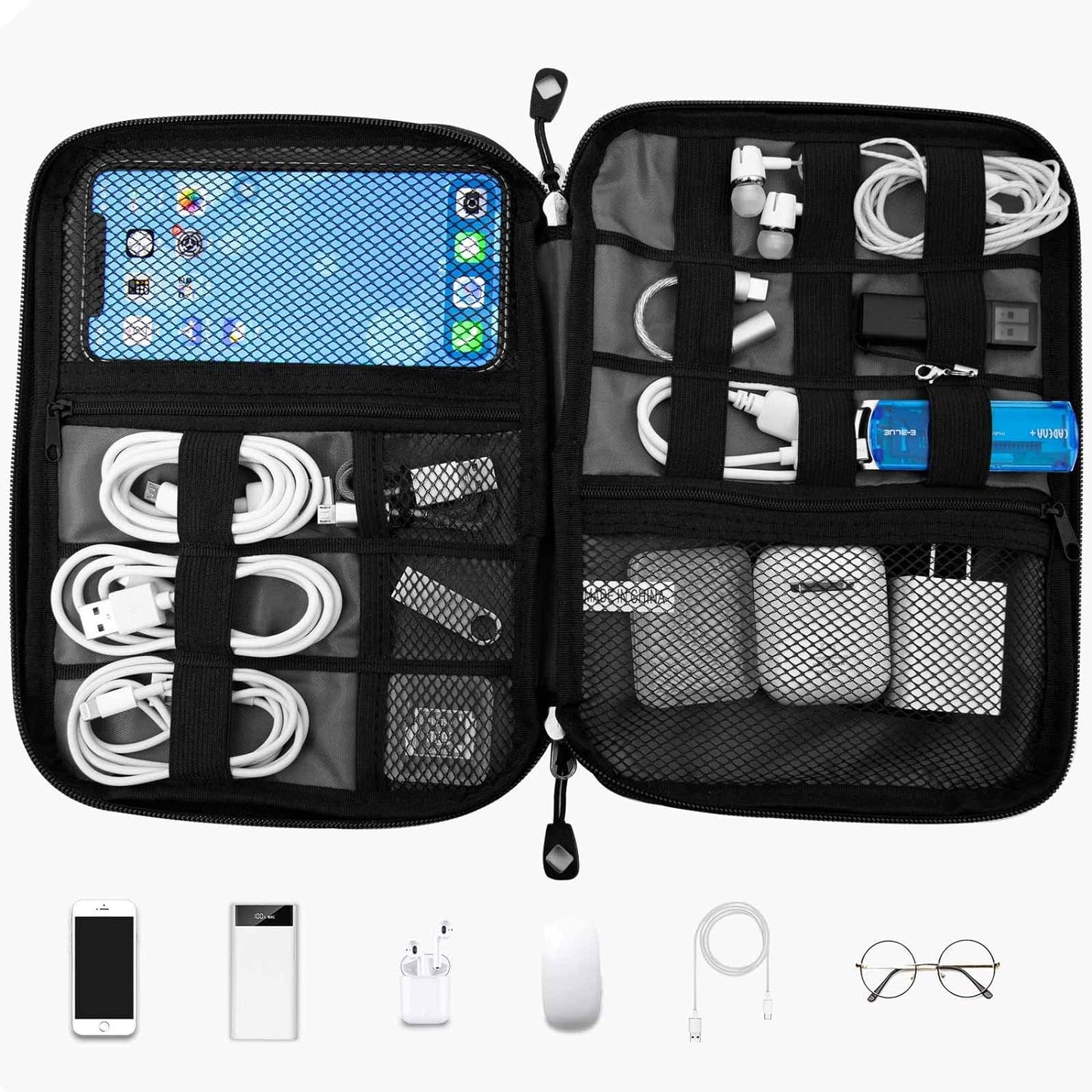 Waterproof Portable Travel Cable Organizer Bag for USB Cords, Phone Chargers, Headsets, SD Cards, with 5 Cable Ties (Orange)
