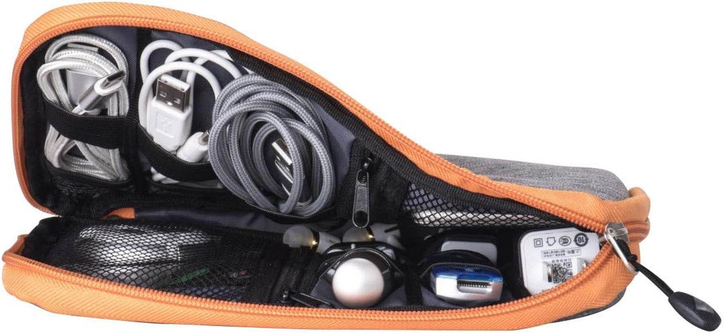 Waterproof Portable Travel Cable Organizer Bag for USB Cords, Phone Chargers, Headsets, SD Cards, with 5 Cable Ties (Orange)