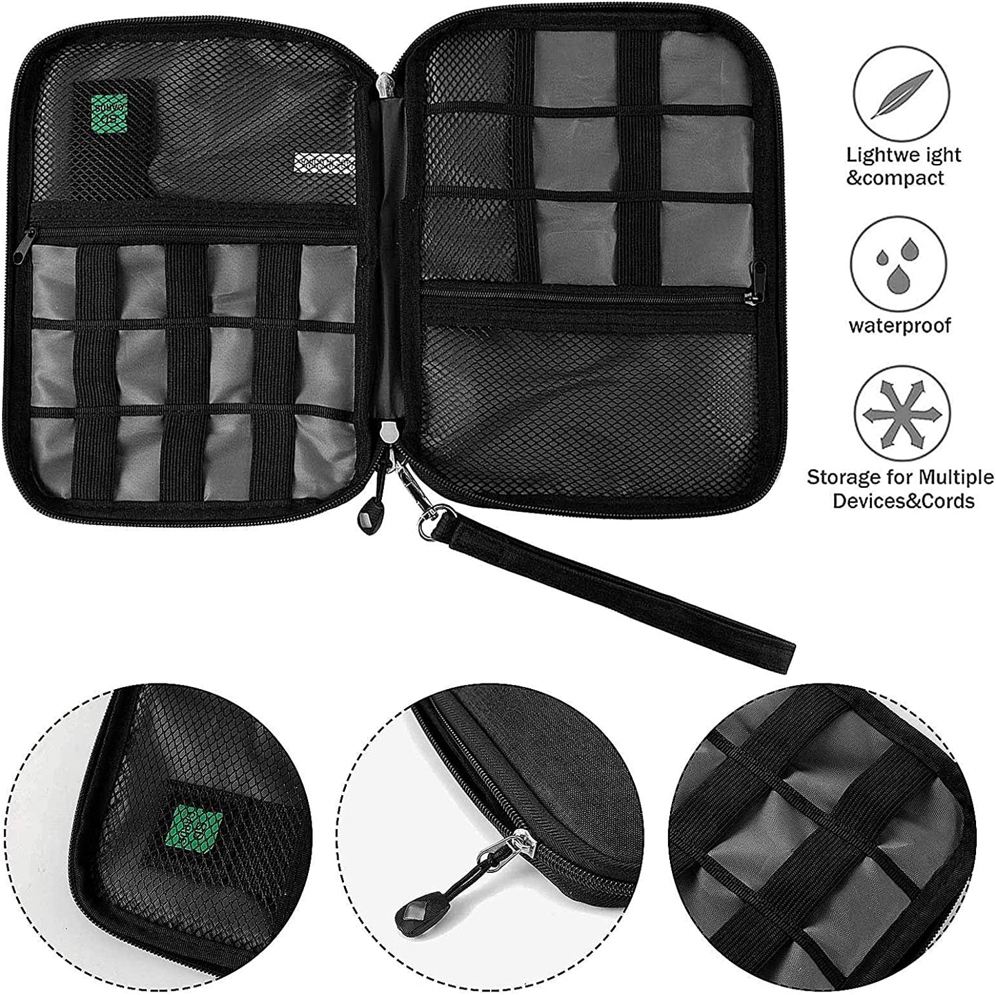 Waterproof Portable Travel Cable Organizer Bag for USB Cords, Phone Chargers, Headsets, SD Cards, with 5 Cable Ties (Orange)