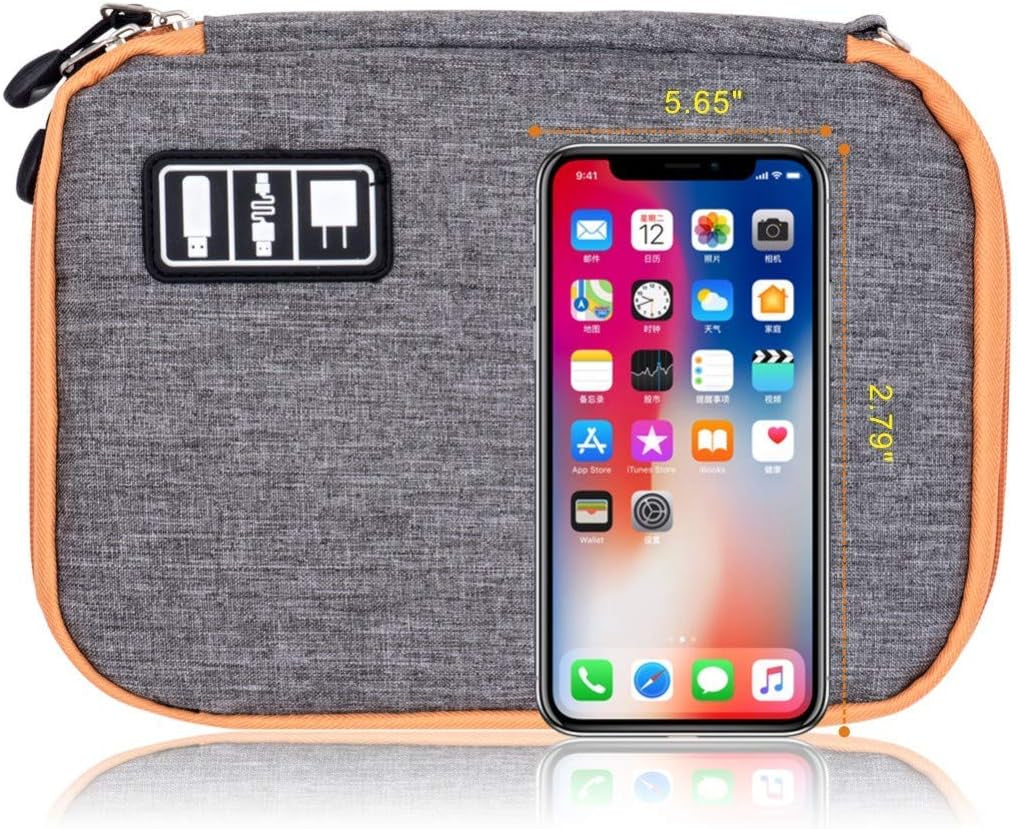 Waterproof Portable Travel Cable Organizer Bag for USB Cords, Phone Chargers, Headsets, SD Cards, with 5 Cable Ties (Orange)