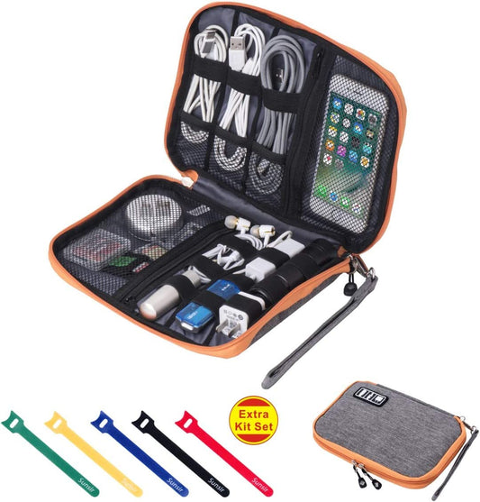 Waterproof Portable Travel Cable Organizer Bag for USB Cords, Phone Chargers, Headsets, SD Cards, with 5 Cable Ties (Orange)